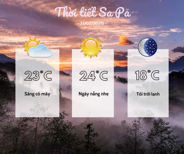 Thời tiết Sa Pa ngày 31/07/2020:
- Sáng có mây, ngày nắng nhẹ, tối trời lạnh.
- Nhiệt độ c