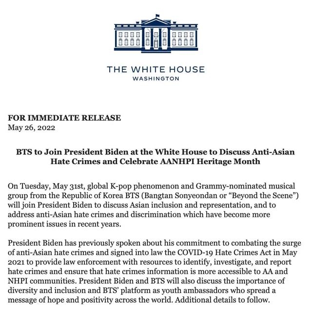 BTS To Join American President Joe Biden At The White House In Honor Of AANHPI Heritage Month