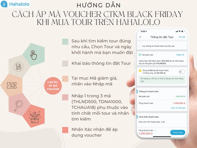 Hướng dẫn cách áp mã voucher CTKM Black Friday khi mua tour trên Hahalolo
