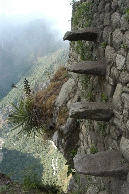 Cầu thang dẫn lên khu di tích của người Inca ở Huayna Picchu, Peru