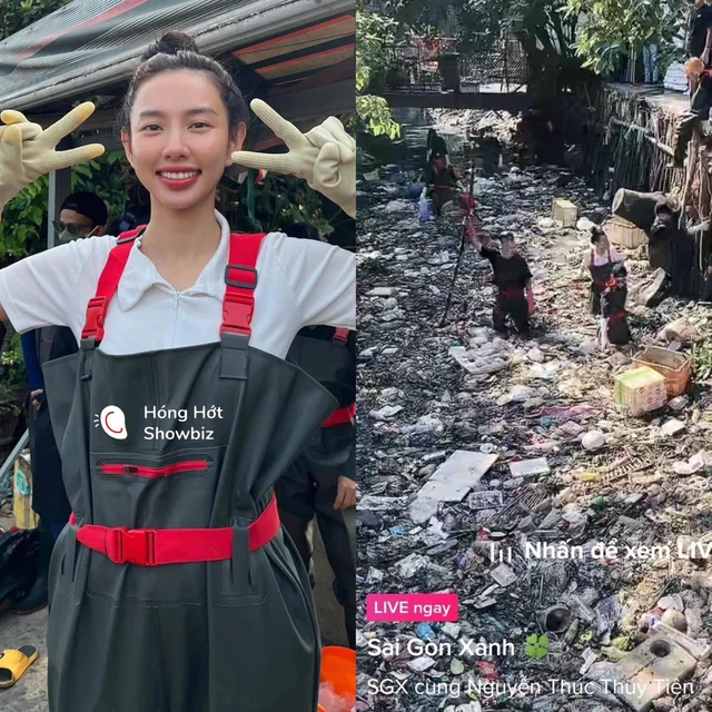 Hoa hậu Thuỳ Tiên đã cùng tham gia dọn rác với Biệt đội Sài Gòn Xanh tại một con kênh ở qu
